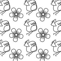 cute flying bird and flowers decoration pattern vector illustration thin line