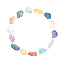 Vector illustration of watercolor crystal with blank space for text on white background.Crystal round border frame for lettering.A circle frame.
