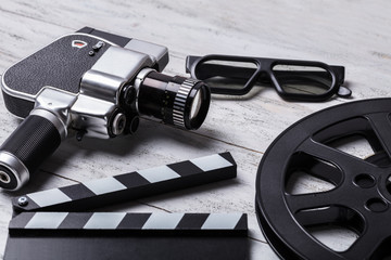 Movie Camera, Film Reel And Clapper Board