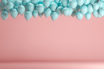 Blue balloons floating in pink pastel background room studio. minimal idea creative concept. - obrazy, fototapety, plakaty