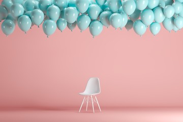 White chair with floating blue balloons in pink pastel background room studio. minimal idea creative concept.