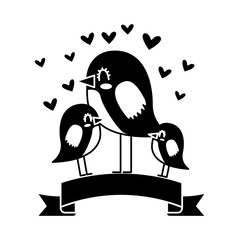 cute little birds in the ribbon hearts love vector illustration black and white design