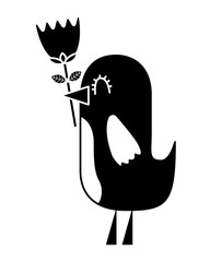 cartoon cute bird with flower in beak vector illustration black and white design