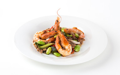 Stir-Fried Twisted Cluster Bean with Shrimps/Bitter Bean on white background.