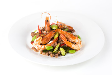 Stir-Fried Twisted Cluster Bean with Shrimps/Bitter Bean on white background.