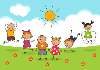 Obraz na płótnie Canvas Happy kids and sunny day. Illustration in doodle and cartoon style. Vector. EPS 8