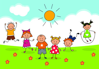 Obraz na płótnie Canvas Happy kids and sunny day. Illustration in doodle and cartoon style. Vector. EPS 8
