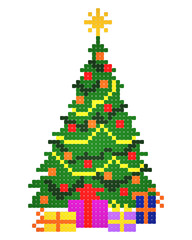 Christmas tree voxel art. 3D render. Isolated on white.