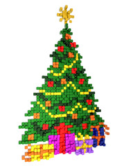 Christmas tree voxel art. 3D render. Isolated on white.