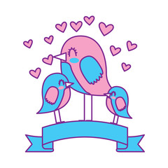 cute little birds in the ribbon hearts love vector illustration pink and blue design