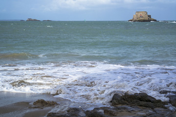 SAINT MALO, FRANCE - March 25, 2016: view of City wall and beach