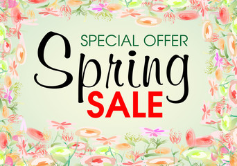 Obraz premium Watercolor flower spring sale vector on green background