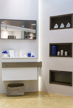 Interior of bathroom with sink basin faucet and mirror. Modern design of bathroom