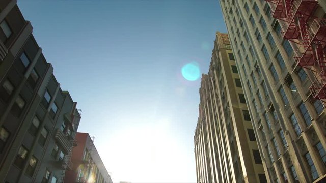 Drone low angle aerial shot of skyscrapers in downtown Los Angeles LA