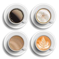 Coffee Cups Set Vector. Top View. Different Types. Coffee Menu. Hot Latte, Cappuchino, Americano, Raf Coffee. Fast Food Cup Beverage. White Mug. Realistic Isolated Illustration