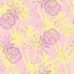 Pineapples background. Vector seamless pattern with tropical fruit. Black and white. Sketch illustration.