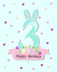 Vector illustration with number Three, Bunny ears and floral wreath. Template for Birthday, party invitation, greeting card, pet shop. Cute Number Three as Third year anniversary logo, patch, sticker