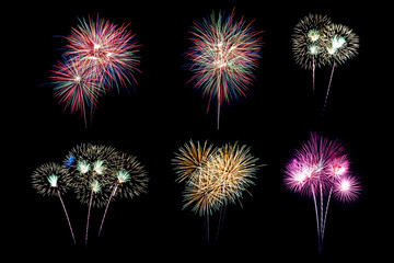 Festive patterned of Colorful assorted firework bursting in various shapes sparkling pictograms set against black background abstract