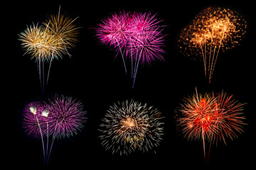 Festive patterned of Colorful assorted firework bursting in various shapes sparkling pictograms set...
