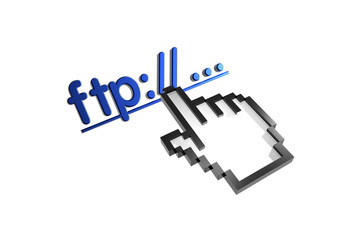 FTP. Stylized hand pointer on link. 3D render. Isolated on white.