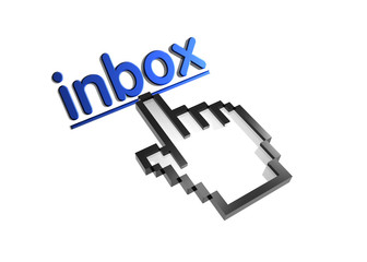 Fototapeta premium Inbox. Stylized hand pointer on link. 3D render. Isolated on white.