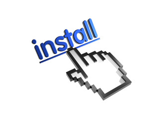 Install. Stylized hand pointer on link. 3D render. Isolated on white.