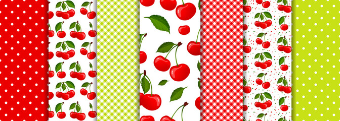 Cherry berry and spring geometric seamless patterns set vector