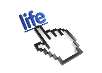 Life. Stylized hand pointer on link. 3D render. Isolated on white.