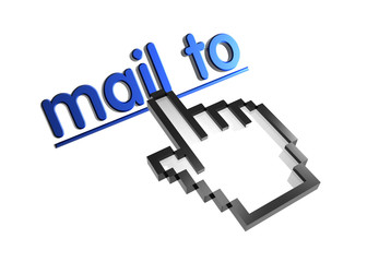 Obraz premium Mail to. Stylized hand pointer on link. 3D render. Isolated on white.