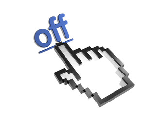 Off. Stylized hand pointer on link. 3D render. Isolated on white.