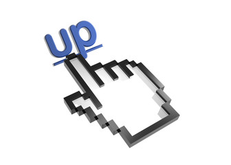 Up. Stylized hand pointer on link. 3D render. Isolated on white.