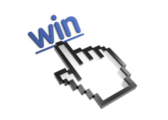 Win. Stylized hand pointer on link. 3D render. Isolated on white.