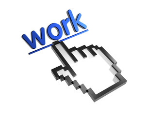 Work. Stylized hand pointer on link. 3D render. Isolated on white.