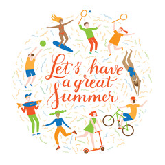 Summer3/People have fun in the summer. Outdoor activity. Round composition. Stylish font typography.