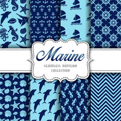 Big collection of seamless patterns with marine elements