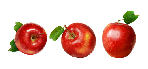 Set of red apples with green leaves