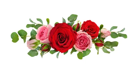 Photo sur Plexiglas Roses Fleurs roses rouges et roses avec des feuilles d& 39 eucalyptus dans un arrangement de ligne