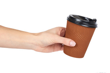 Take out coffee in thermo cup with hand. Isolated on a white background. Disposable container, hot beverage