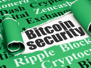 Cryptocurrency concept: black text Bitcoin Security under the curled piece of Green torn paper with  Tag Cloud, 3D rendering