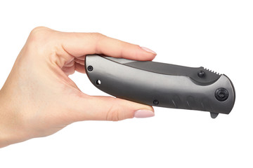 Sharp metal pocket knife in hand. Isolated on a white background. Cold weapon, self defence tool
