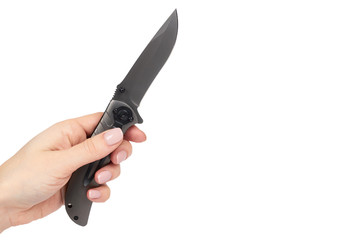 Sharp metal pocket knife in hand. Isolated on a white background. Cold weapon, self defence tool. Copy space