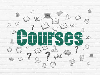 Education concept: Painted green text Courses on White Brick wall background with  Hand Drawn Education Icons