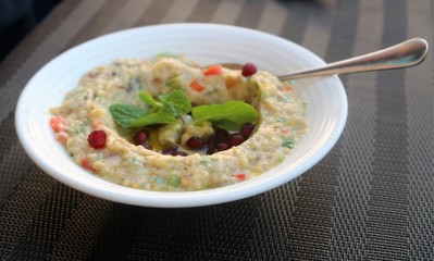 Vegetarian snack board. Babaganush with bread. Clean eating, dieting.
