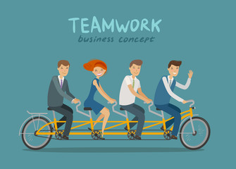 Teamwork, business concept. Business people or students riding tandem bike. Cartoon vector illustration
