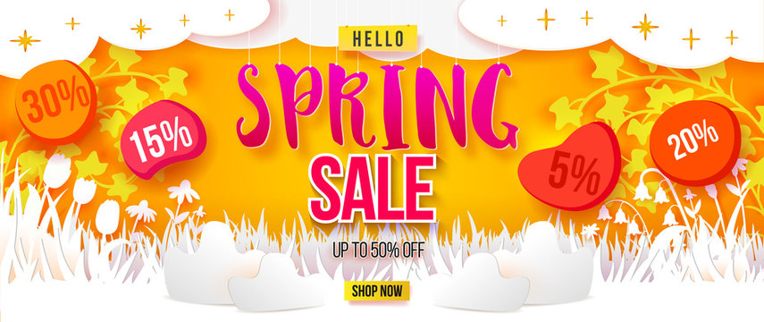 Spring Sale web banner design. Flowers, grass, clouds, sun and butterfly cut out from white paper on a yellow backgground. Paper art. Season Discount offer. Vector illustration