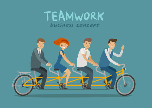 Teamwork, Business Concept. Business People Or Students Riding Tandem Bike. Cartoon Vector Illustration