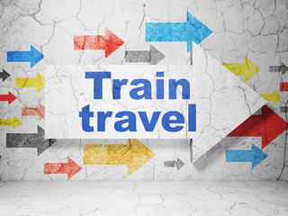 Tourism concept:  arrow with Train Travel on grunge textured concrete wall background, 3D rendering
