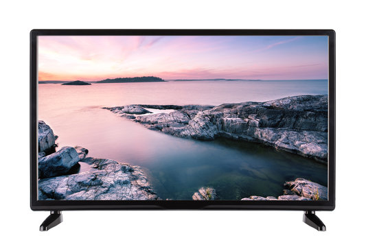 Modern high-definition television with  picture of the sunset ro