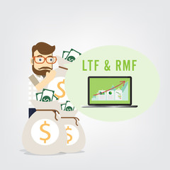 Business man hold money bag to investment, financial savingslong-term deposit investment . illustration concept.with word LTF , RMF.