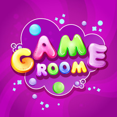 Vector kids game room cartoon poster, banner template. Children, baby playground playroom, education fun area design, sticker, print. Colorful purple background illustration with bubble air balloon
